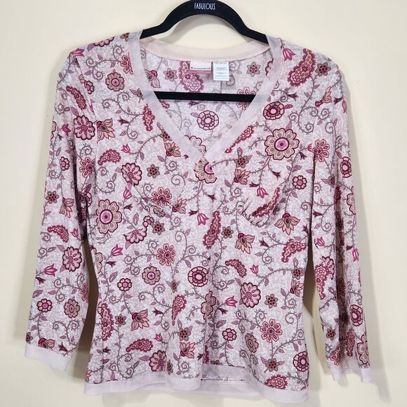 Vintage Y2K No Boundaries Top Size 7/9 Medium Pink Semi-Sheer Mesh Floral V-Neck - Picture 1 of 10
